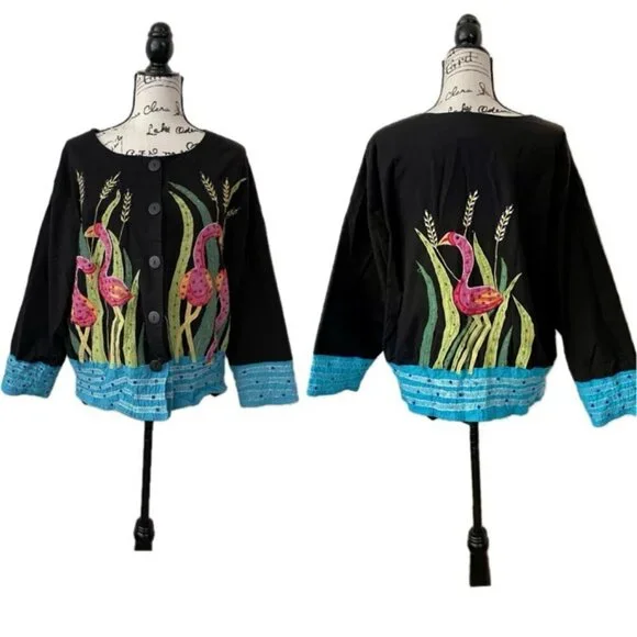 90’s Y2K FLAMINGO ALL OVER BLAZER COAT EMBROIDERED BEADED SZ XL RARE  ECLECTIC - Picture 2 of 16